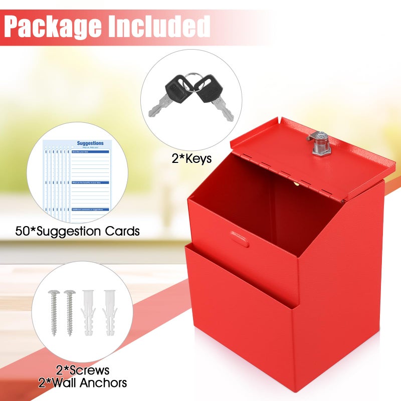 KYODOLED Suggestion Box with Lock and 50 Free Suggestion Cards, Metal Wall Mounted Ballot, Donation and Collection Key Drop Box with Slot & 2 Keys, 8H x 5.7W x 7L Inch, Red - Image 4